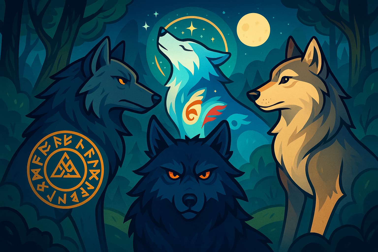 Wolves from different mythological traditions and cultural contexts showing their diverse symbolic meanings