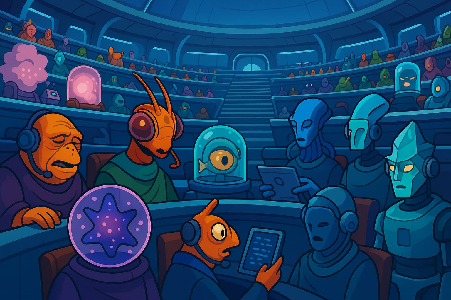 A massive galactic federation assembly hall with representatives from dozens of alien species using various communication methods and translation technologies