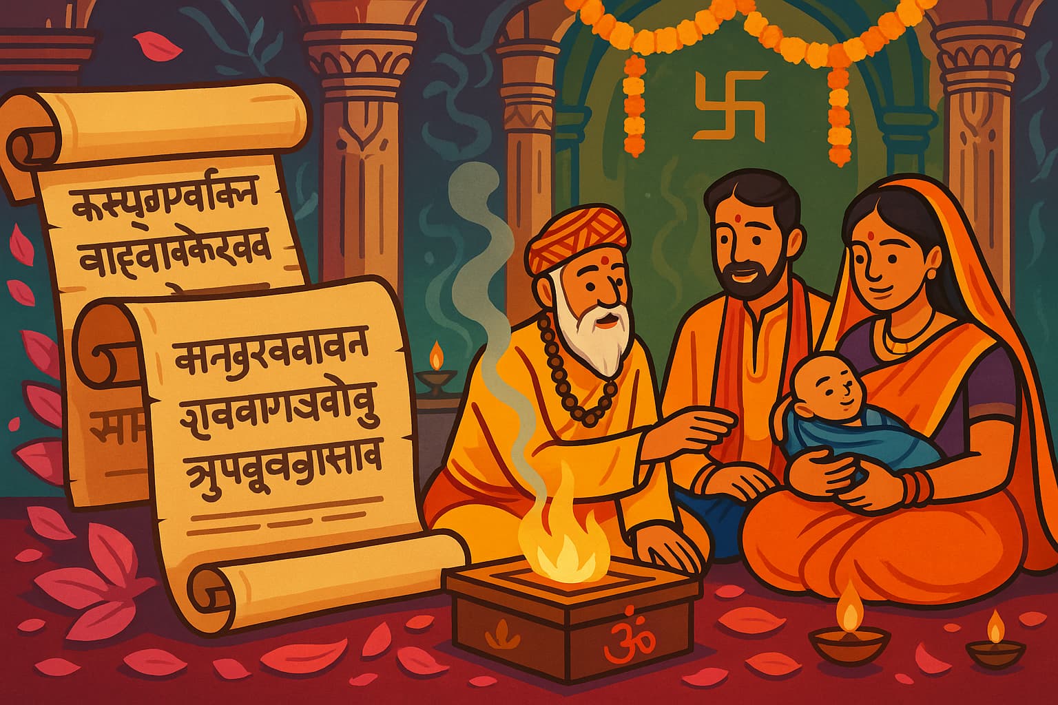 Ancient Sanskrit manuscripts and Hindu naming ceremonies in traditional temple settings with priests, families, and sacred rituals
