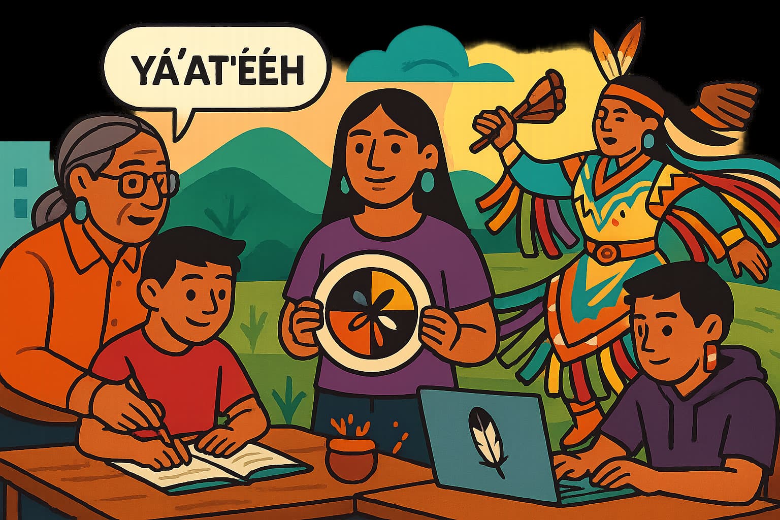 Contemporary scene showing Indigenous cultural preservation through education, art, and community gatherings in modern settings