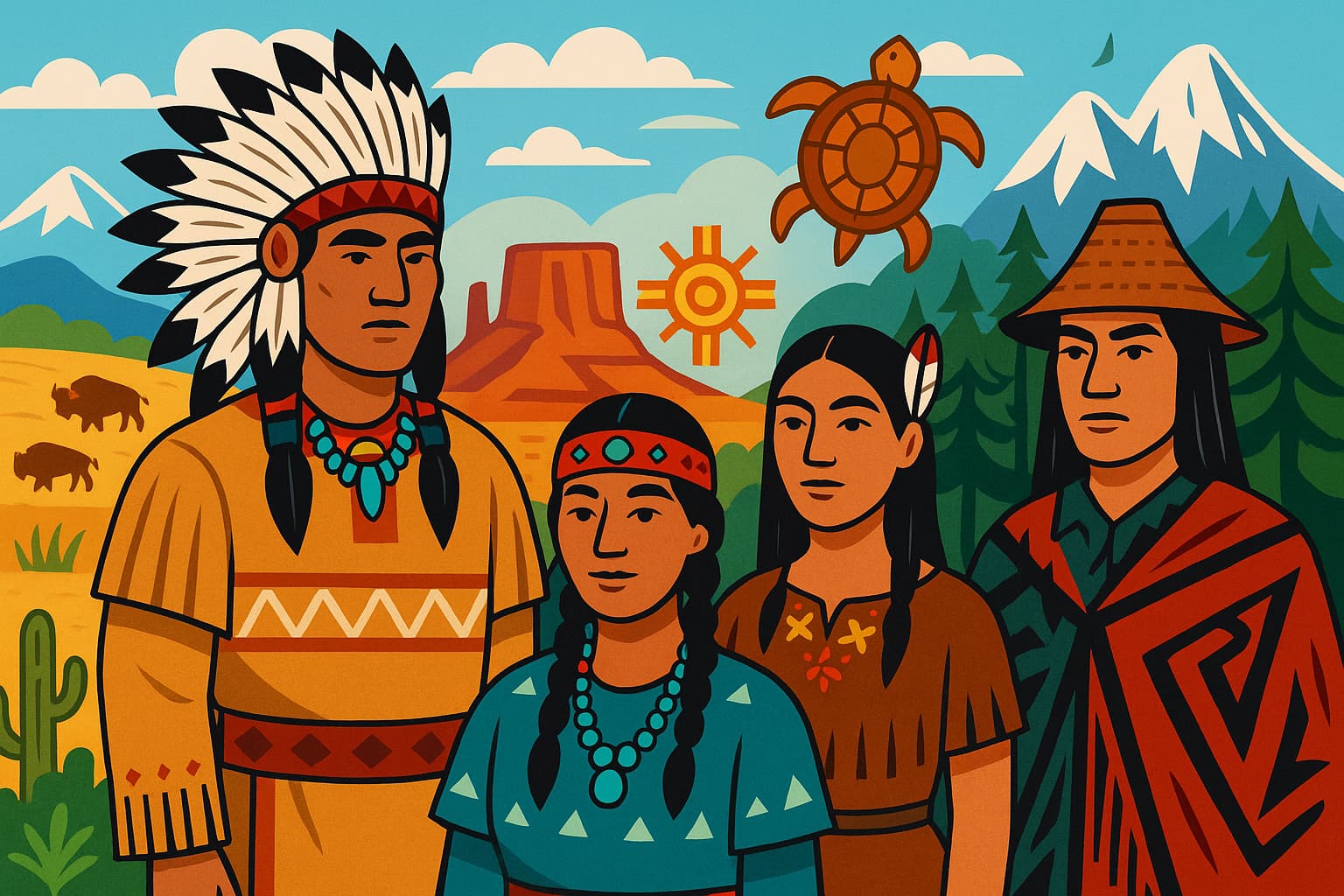 Artistic representation showing the diversity of Native American tribes across different regions, featuring traditional clothing, symbols, and landscapes