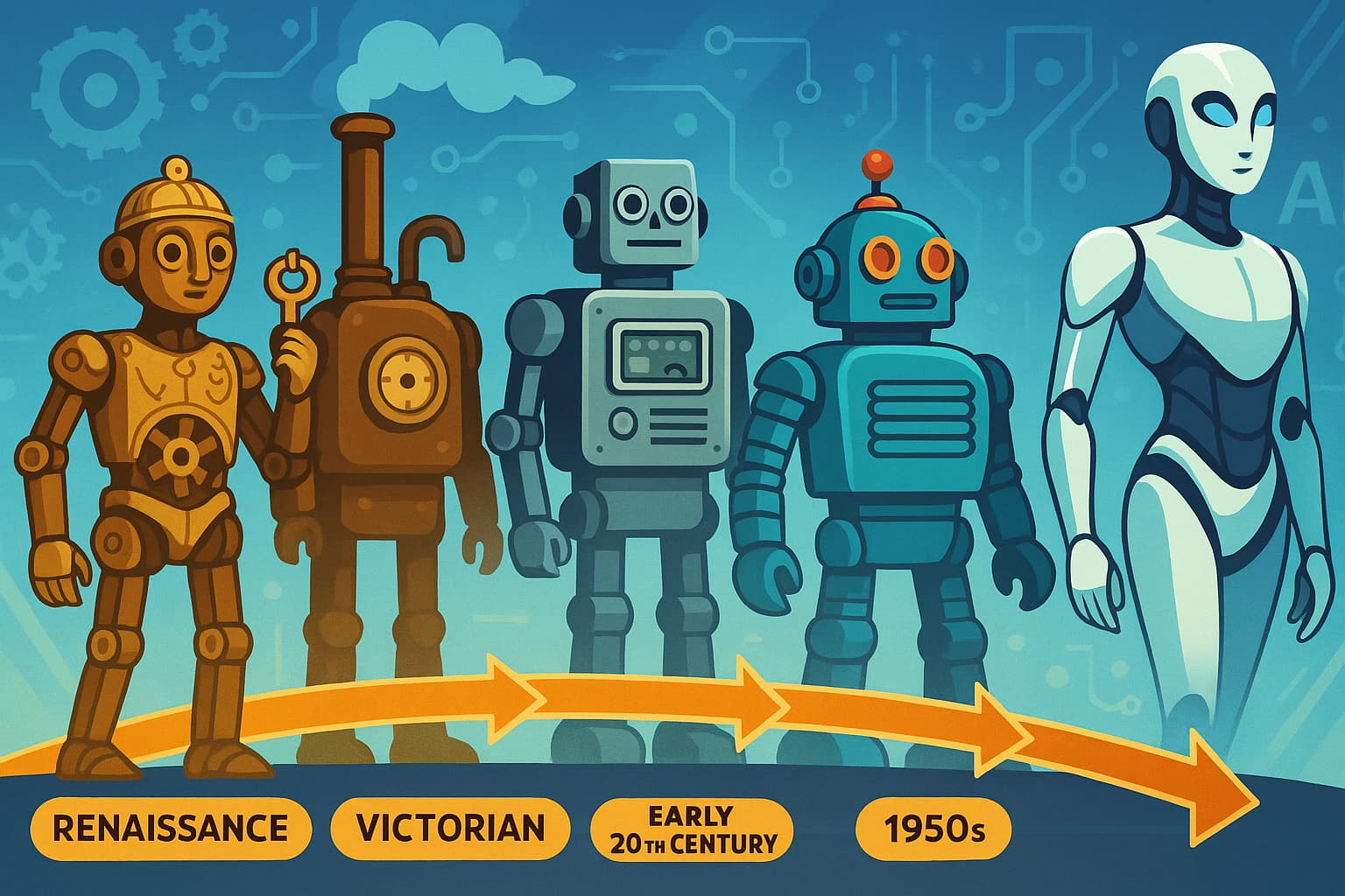 Evolution of robots from early mechanical automata to modern AI androids showing different technological periods