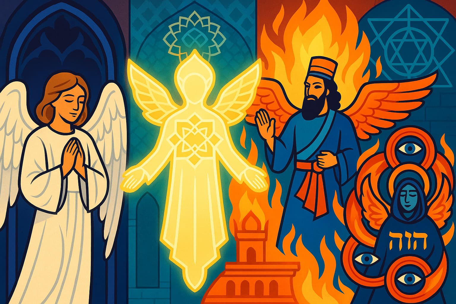 Collection of angels from different cultural traditions showing Islamic, Jewish, Christian and Zoroastrian interpretations in their distinct artistic styles