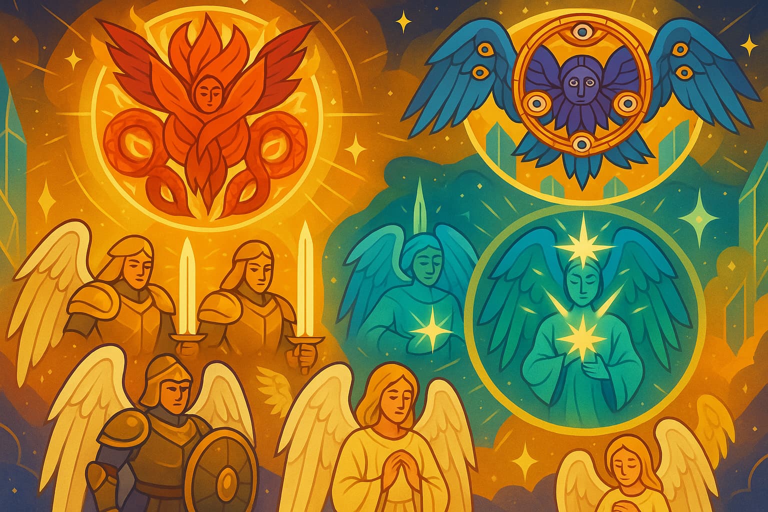 Magnificent celestial hierarchy showing multiple angels in different orders with radiant wings and divine light in a heavenly realm