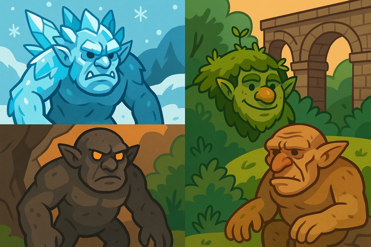 Collection of different troll types showing diversity - frost trolls, cave trolls, forest trolls, and bridge trolls each with distinctive features and environments