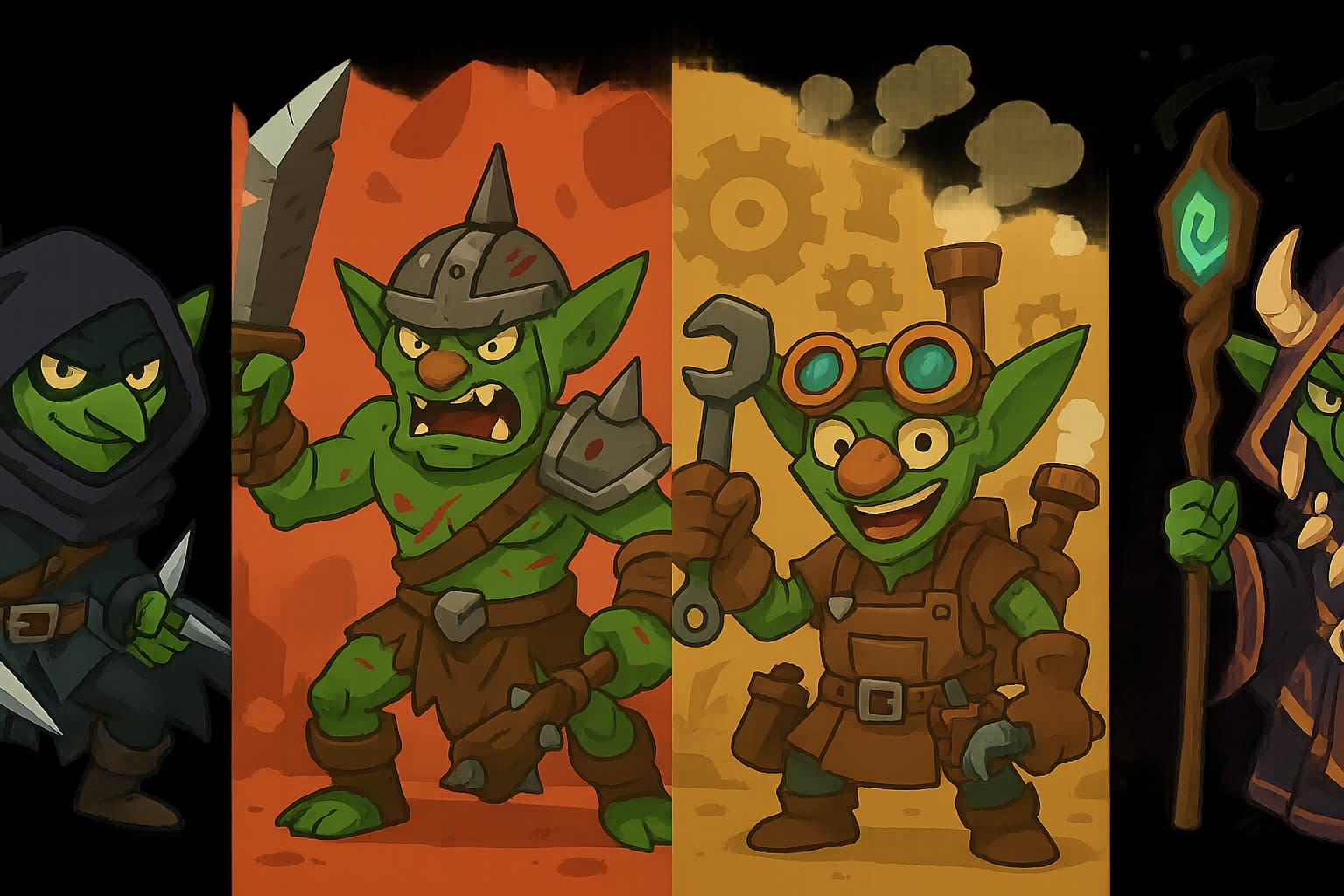 Four distinct goblin archetypes showcasing a clever rogue, savage warrior, mechanical inventor, and mystical shaman with unique equipment and poses