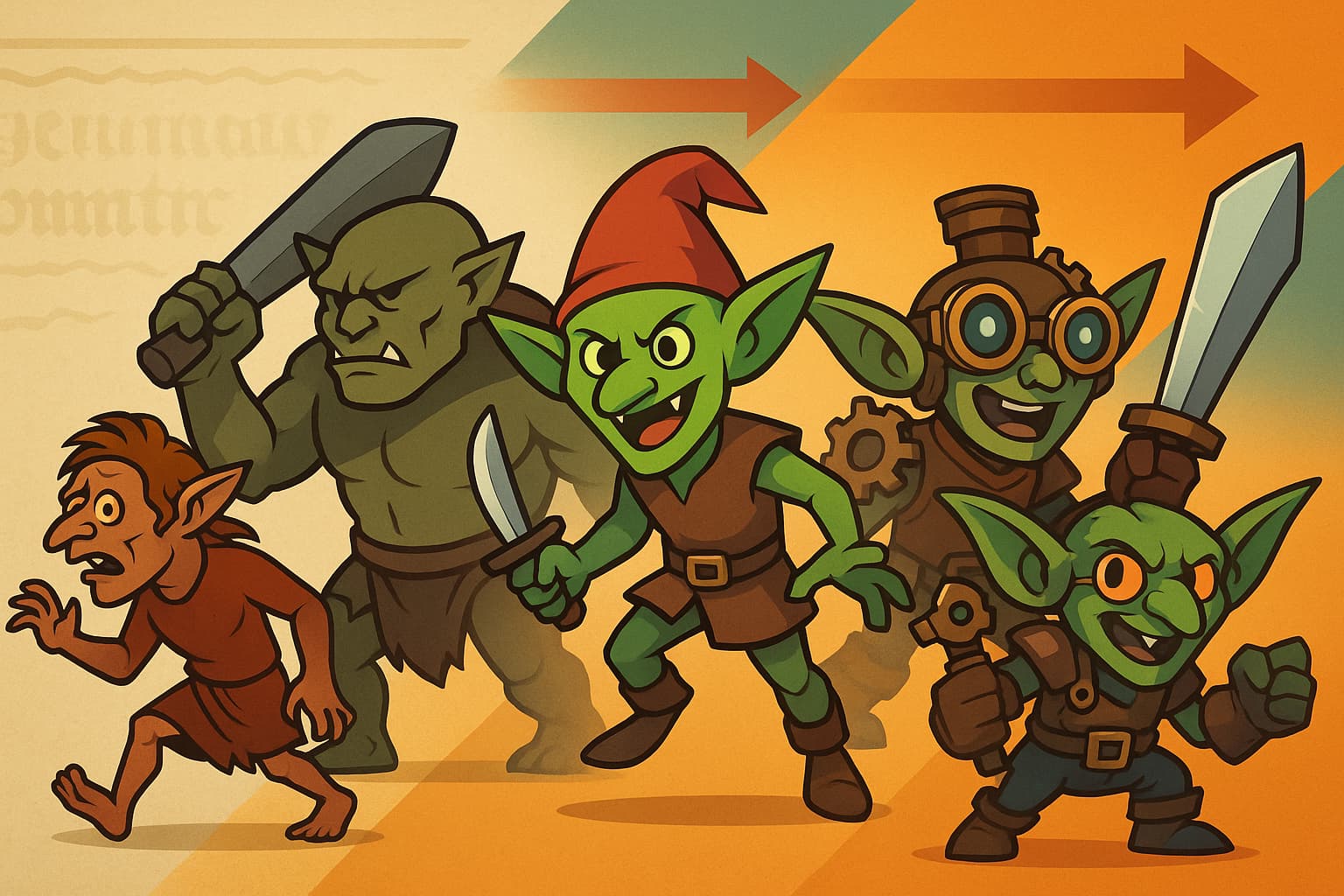 Evolution of goblins from medieval folklore spirits to modern fantasy creatures showing different cultural interpretations and artistic styles