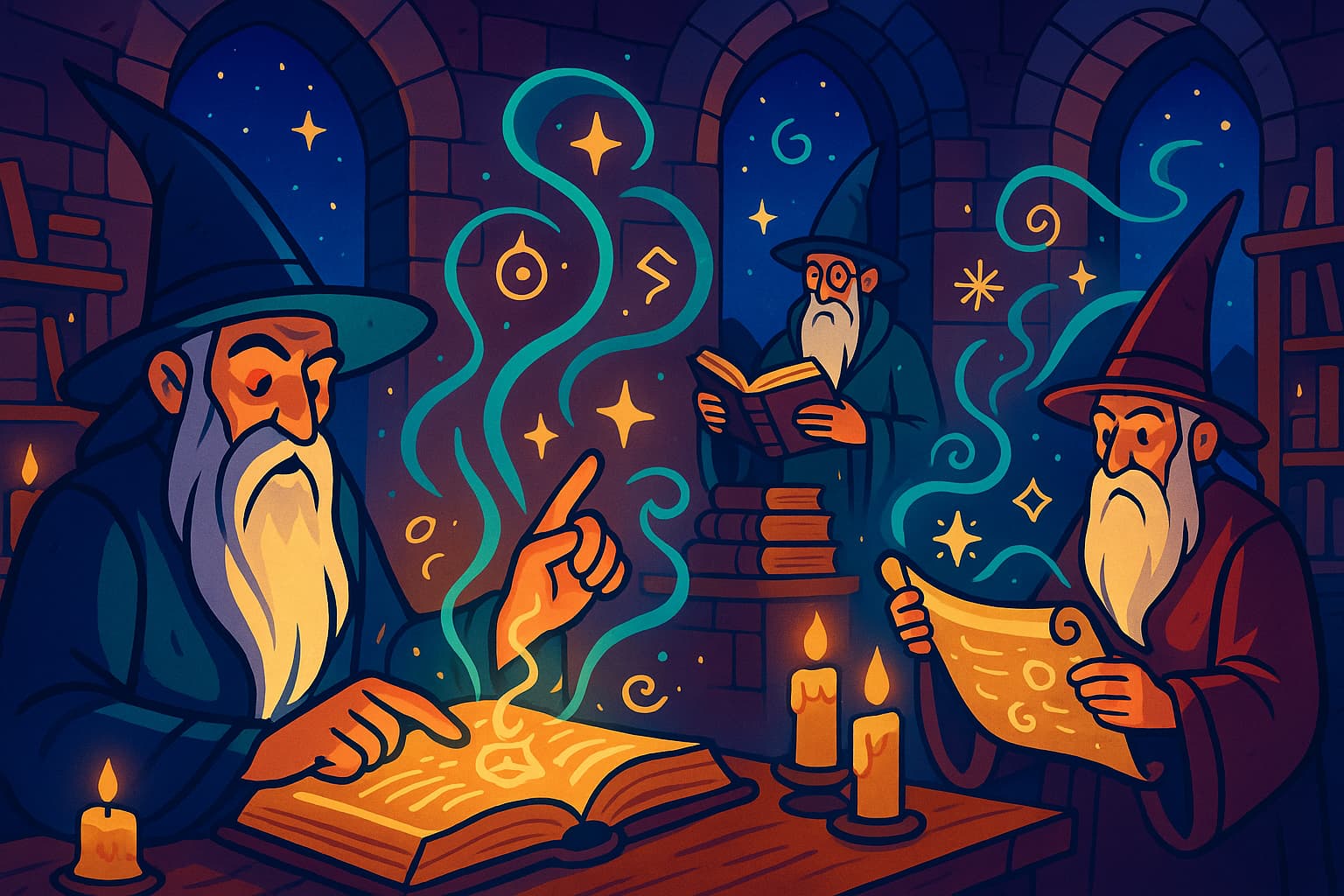 Ancient wizard studying magical texts in a candlelit tower library