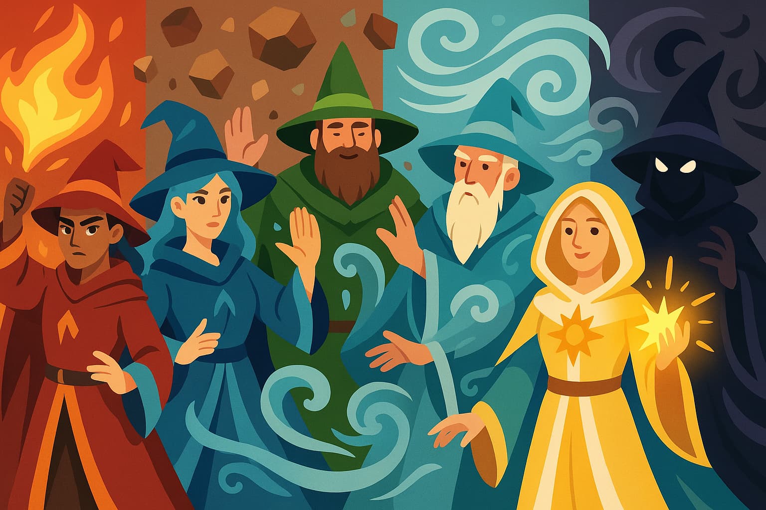 Diverse group of wizards representing different magical schools and specializations