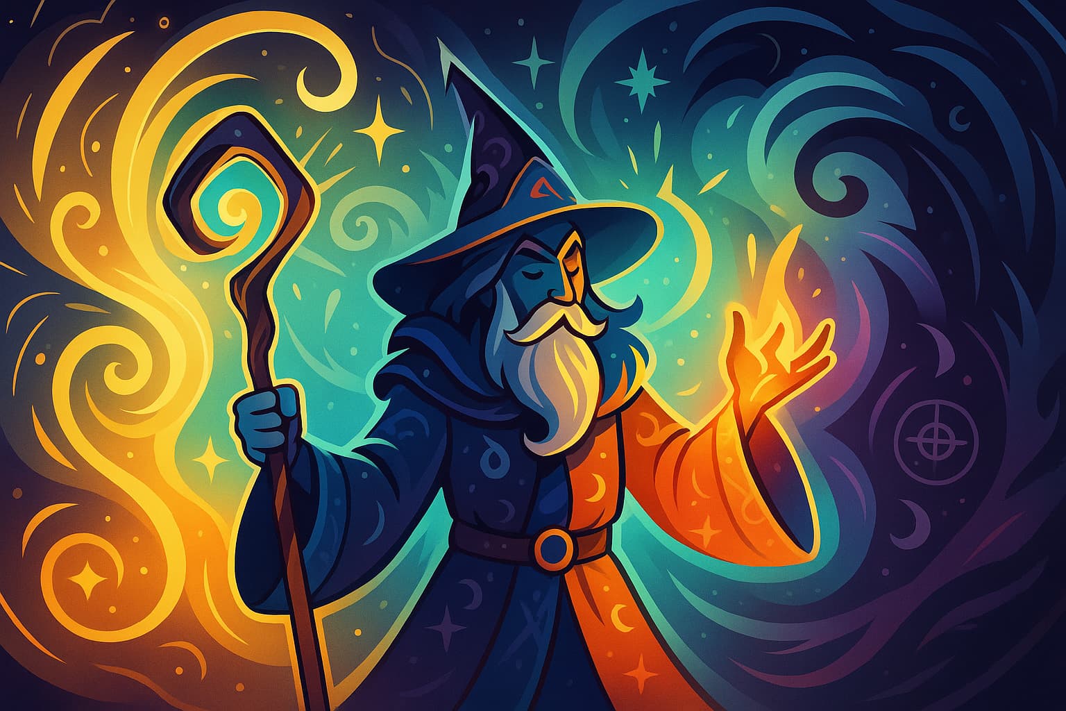 Wizard undergoing magical transformation with swirling energies of light and shadow