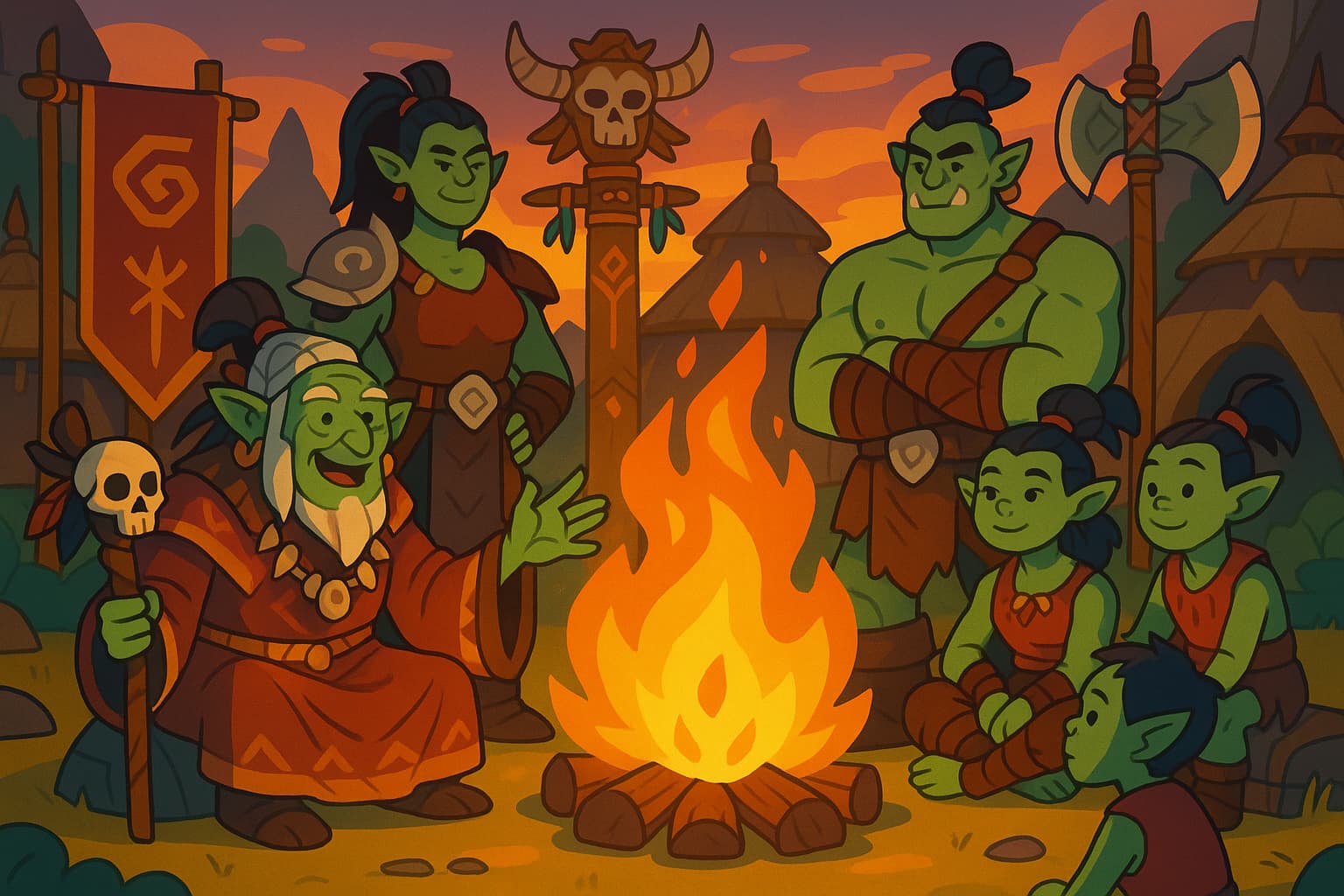 An orc clan gathering showing different generations of warriors around a ceremonial fire, depicting the passing down of naming traditions and clan heritage