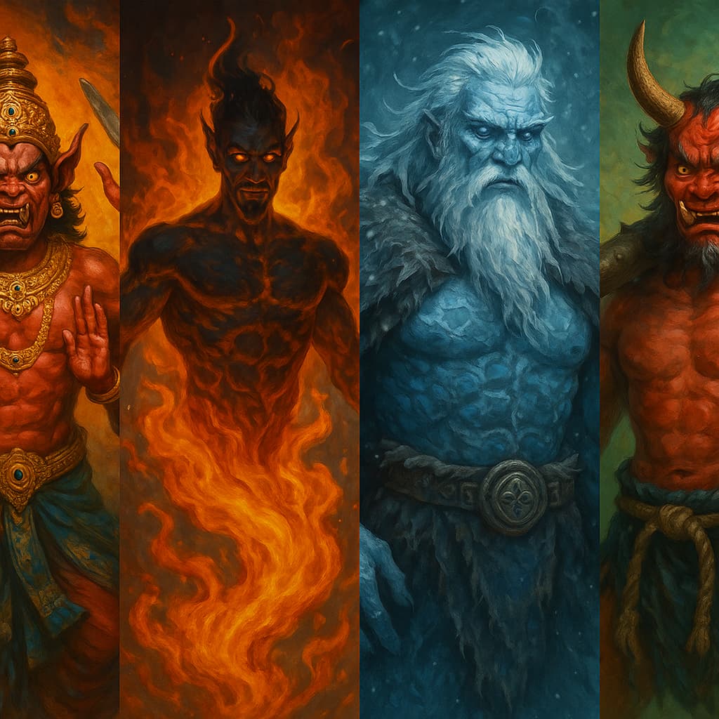 Demons from different world cultures - Hindu Asuras, Islamic Jinn, Norse giants, and East Asian oni representing global demonic traditions