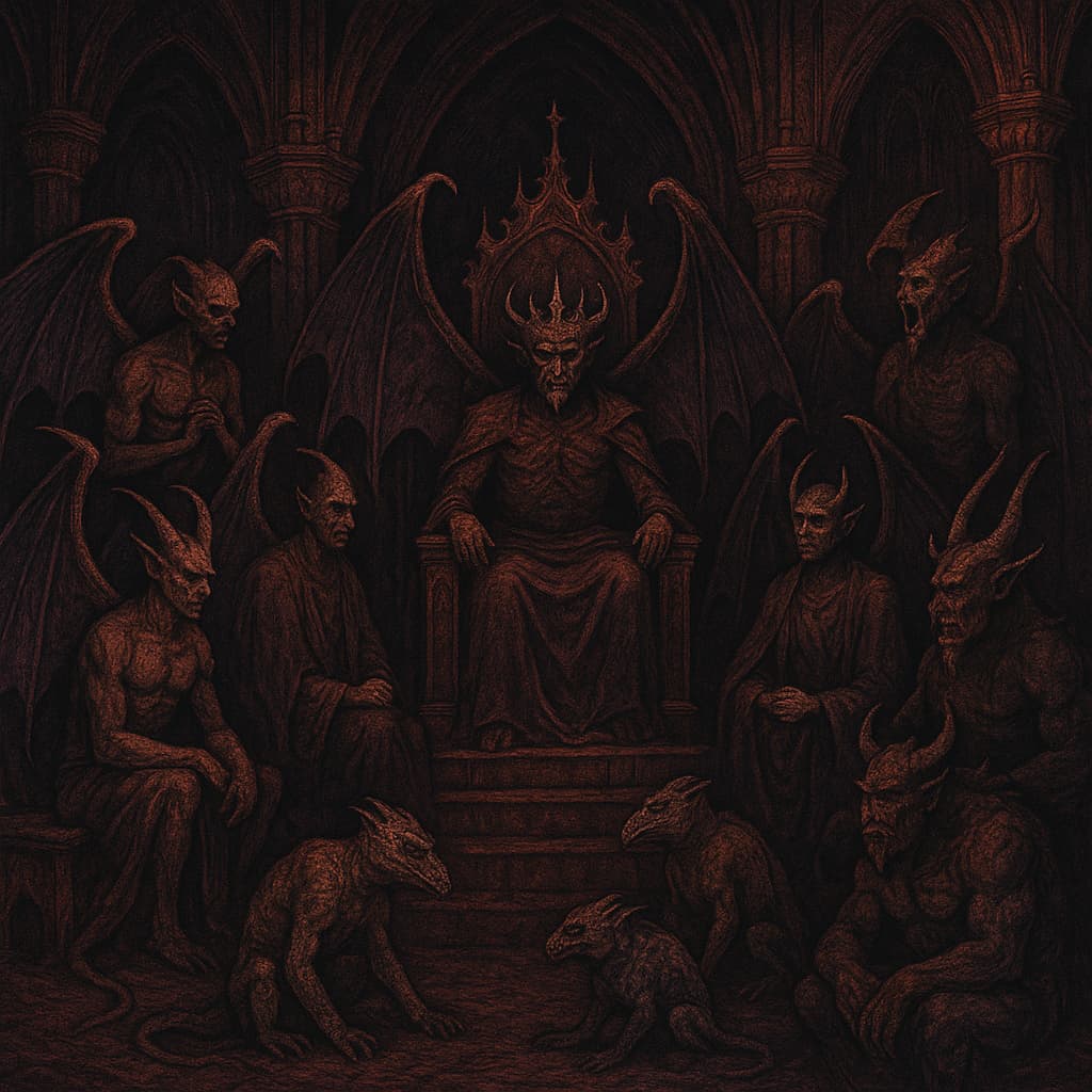 Ancient demonic hierarchy showing multiple demons in different ranks and forms arranged in a hellish royal court