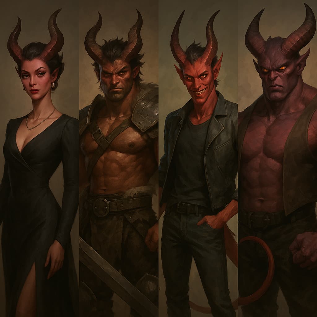 Modern fantasy interpretation of demons in contemporary gaming and storytelling contexts with diverse character designs
