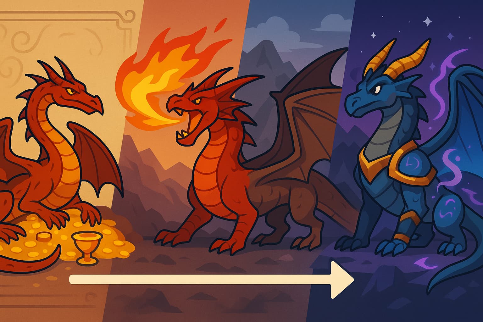 Evolution of dragon depictions from classic fantasy literature through modern gaming, showing various dragon types and their characteristic features