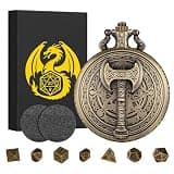 Mini DND Dice Set with Steampunk Barbarian Axe Pocket Watch Shell Case, 7pcs Polyhedral Metal DND Dice Set, D&D Gifts with Gift Box, Role Playing Board Games DND Accessories, Bronze