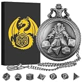 Mini DND Dice Set, Hand Held Dice Wizard Pocket Watch Shell Case, 7 Piece Polyhedral Metal D&D Dice Set, DND Gifts with Gift Box, Role Playing Board Game Accessories, Dark Silver
