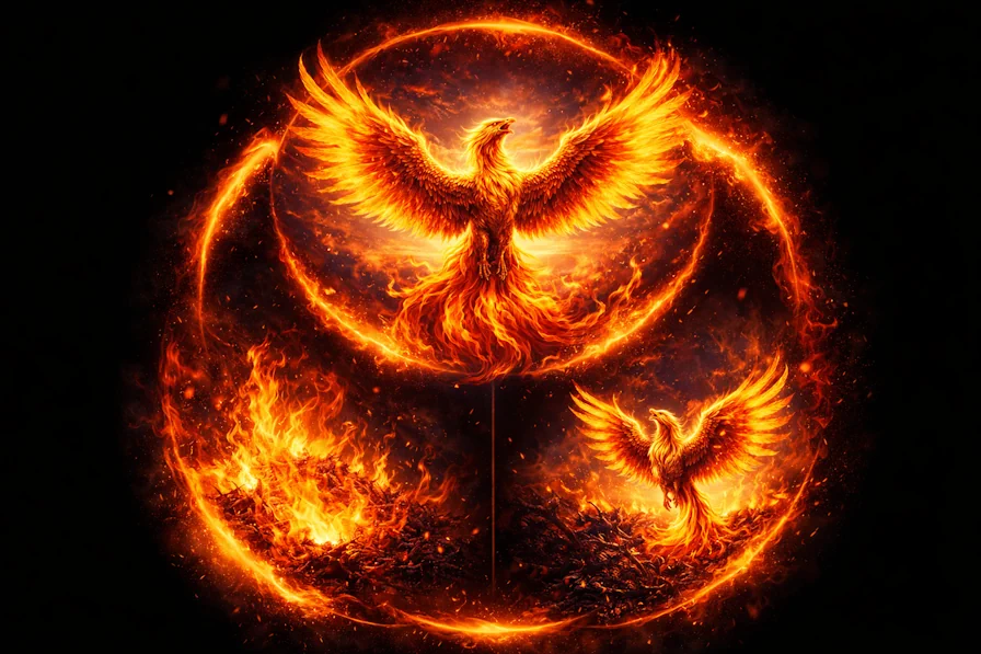Phoenix rebirth cycle showing three stages: glory, flames, and emergence from ashes