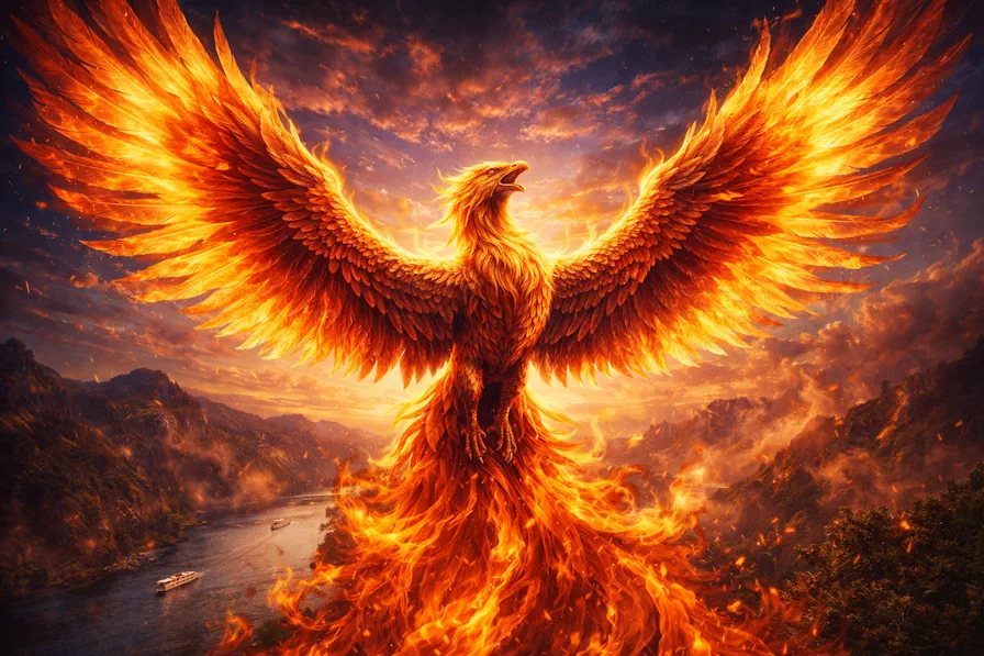Majestic phoenix with golden and crimson feathers rising from flames against a dawn sky