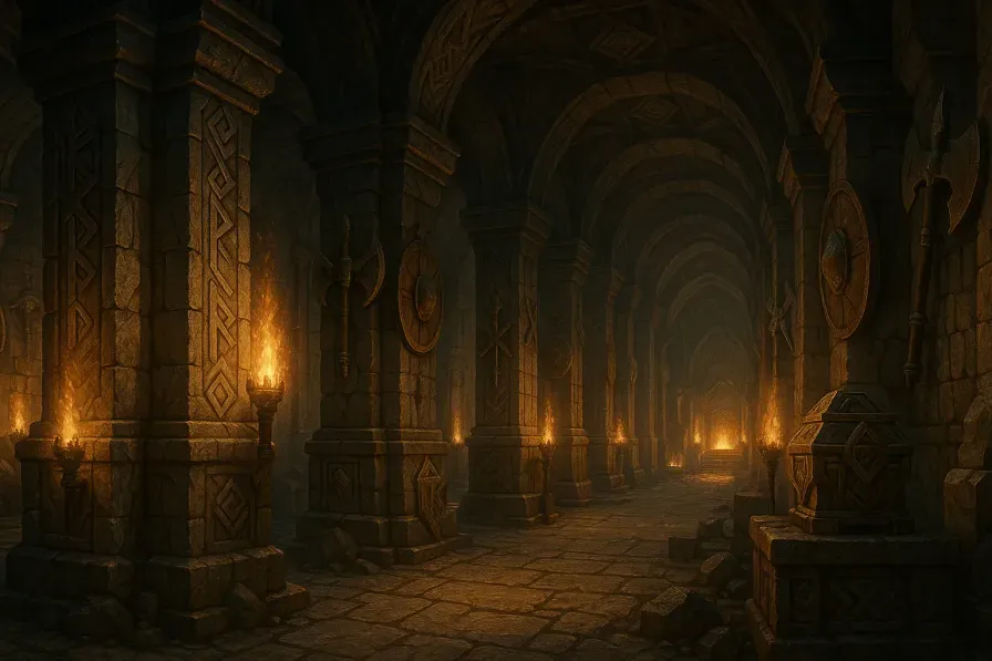 Ancient Norse-inspired dwarf mountain hall with runic pillars and glowing forges