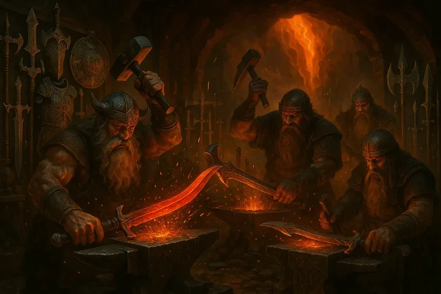 Legendary dwarf master smiths forging mythical weapons in underground workshop