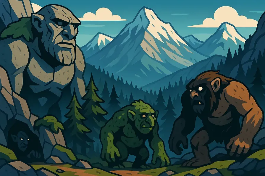 Norse mountain trolls in Scandinavian landscapes showing various troll types from mythology - mountain giants, cave dwellers, and forest trolls in their natural habitats