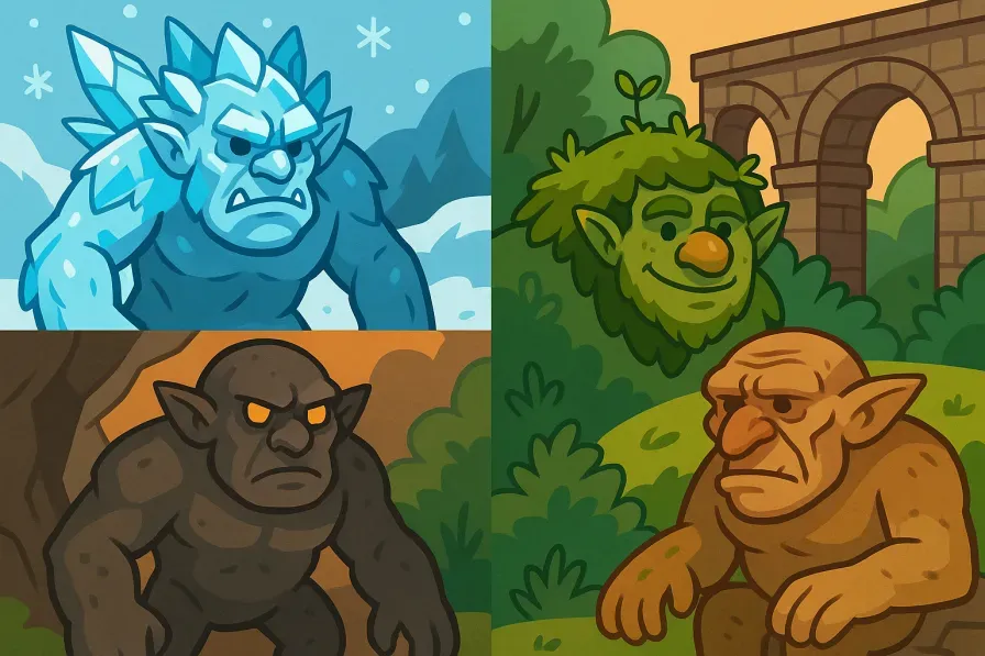 Collection of different troll types showing diversity - frost trolls, cave trolls, forest trolls, and bridge trolls each with distinctive features and environments