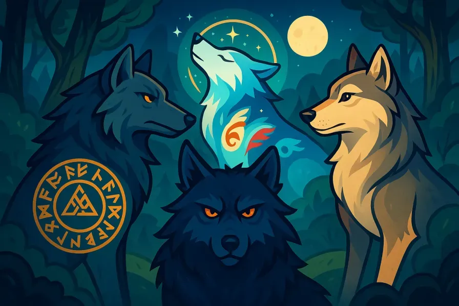 Wolves from different mythological traditions and cultural contexts showing their diverse symbolic meanings