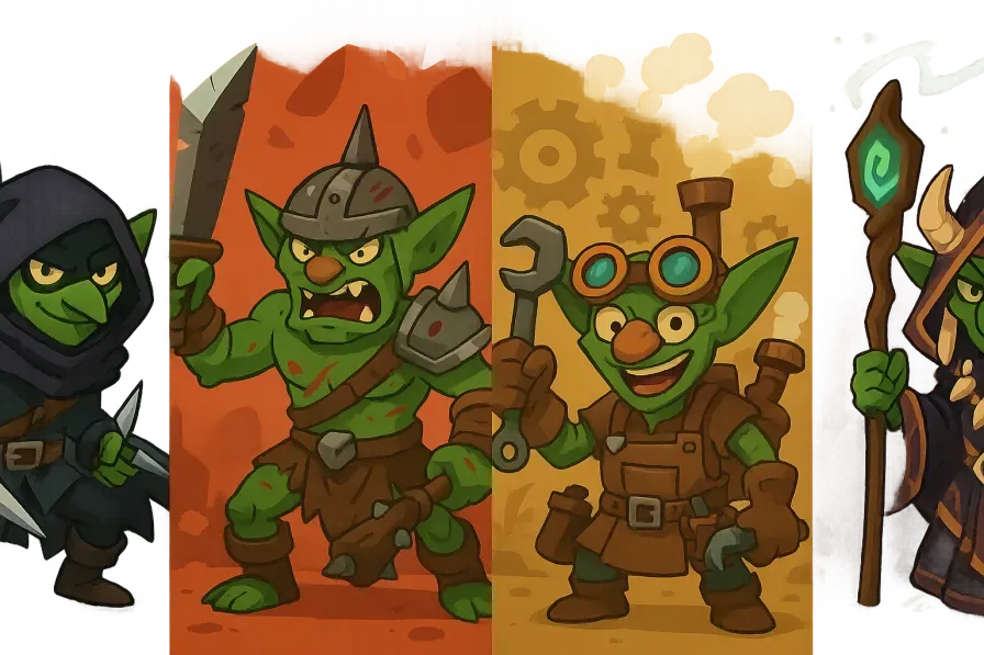 Four distinct goblin archetypes showcasing a clever rogue, savage warrior, mechanical inventor, and mystical shaman with unique equipment and poses