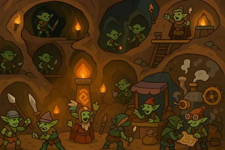 Bustling goblin warren showing various goblin roles including warriors, shamans, tinkerers, and merchants in their underground city