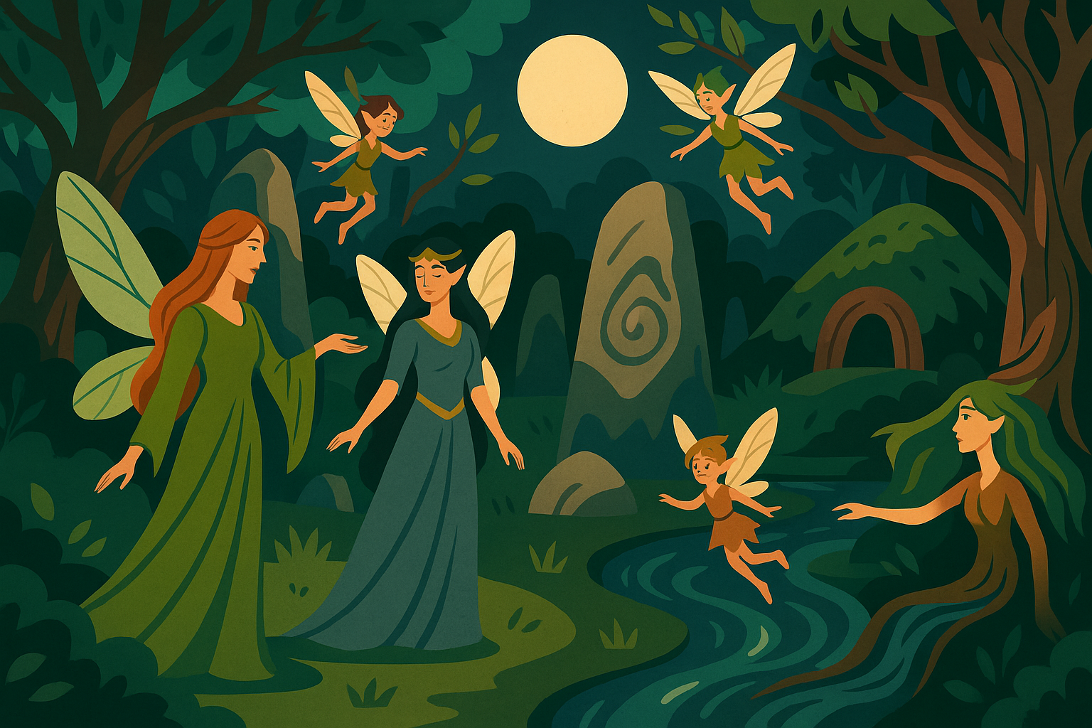 Ancient Celtic fairies in their mythological forest habitat with standing stones, fairy mounds, and mystical beings of various sizes