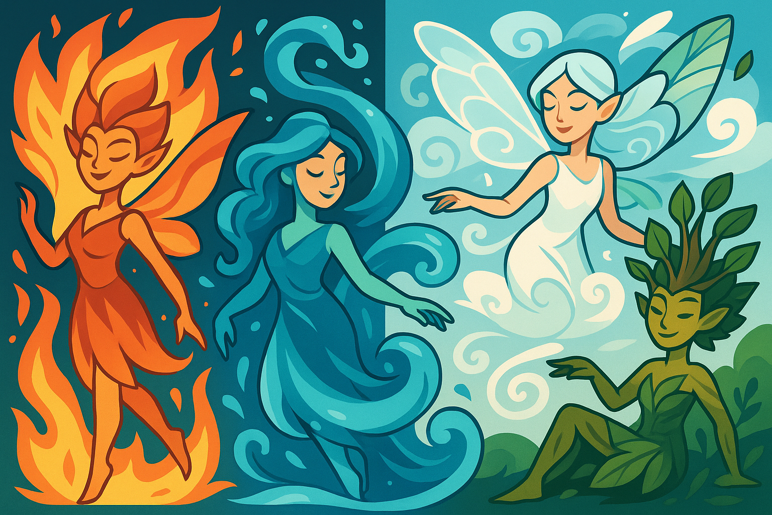 Four elemental fairies representing fire, water, air, and earth in their distinct elemental environments