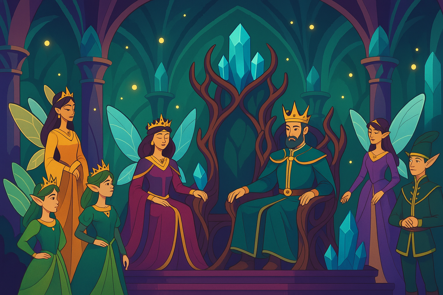 Royal fairy court scene with elegant fairy nobility in flowing robes, fairy king and queen on ornate thrones in an enchanted throne room