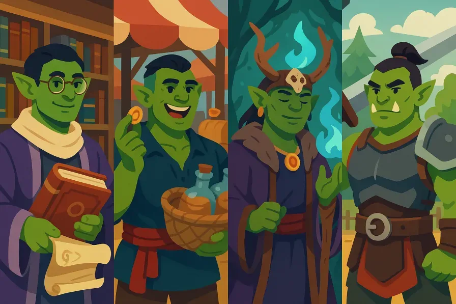 Modern fantasy orcs in diverse roles including scholar, merchant, shaman, and warrior, showcasing the evolution of orc culture beyond traditional combat stereotypes