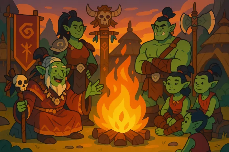An orc clan gathering showing different generations of warriors around a ceremonial fire, depicting the passing down of naming traditions and clan heritage