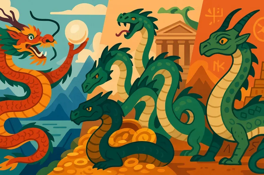 Various cultural depictions of dragons from Chinese, Norse, Greek, and Middle Eastern mythology showing their diverse characteristics and symbolism