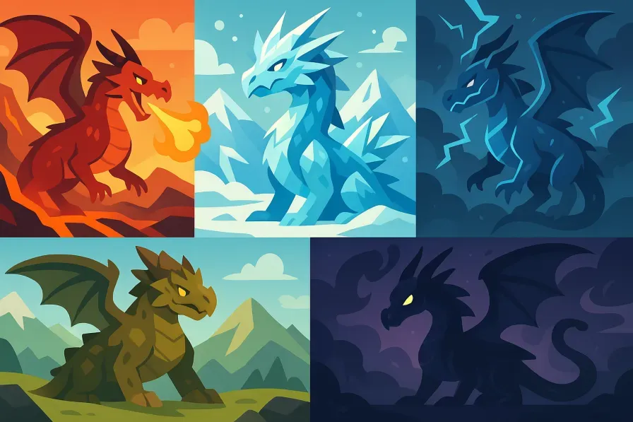 Different types of dragons showcasing elemental abilities - fire, ice, lightning, earth, and shadow dragons in their natural habitats