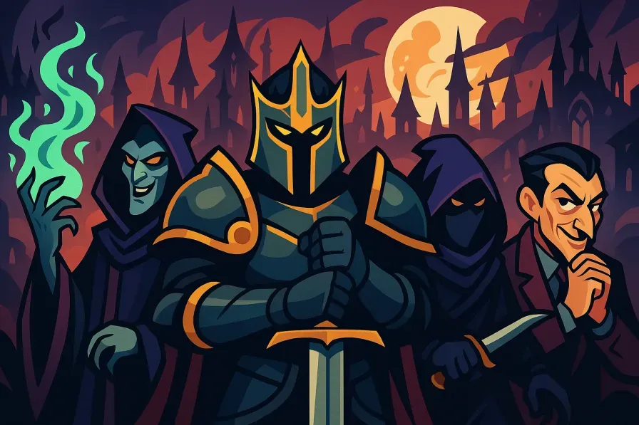 Different villain archetypes from fantasy and fiction showing diverse evil character types and their distinct characteristics