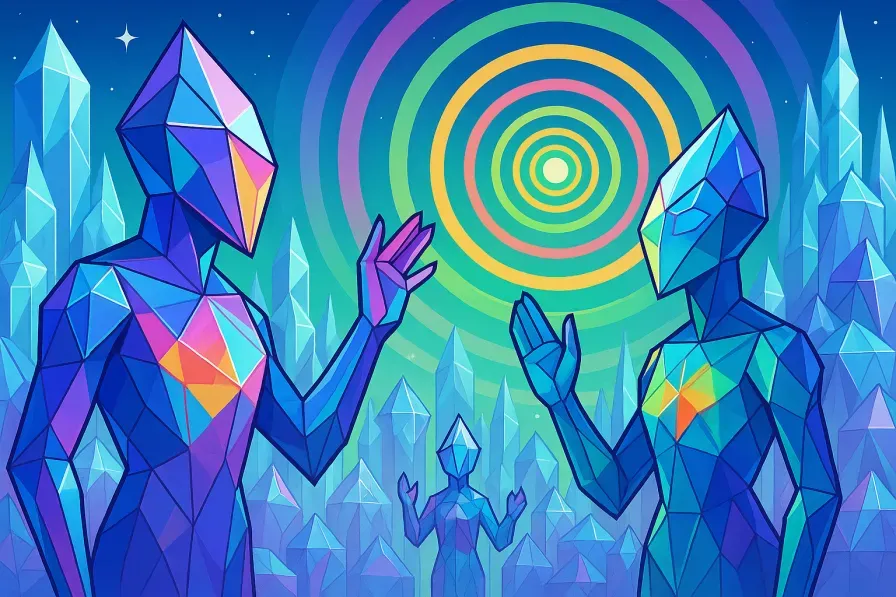Crystalline alien beings communicating through harmonic light patterns and resonance frequencies in a geometrically perfect crystal city