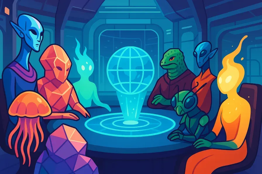 A diverse council of alien species including humanoids, energy beings, and crystalline creatures gathered in a futuristic chamber