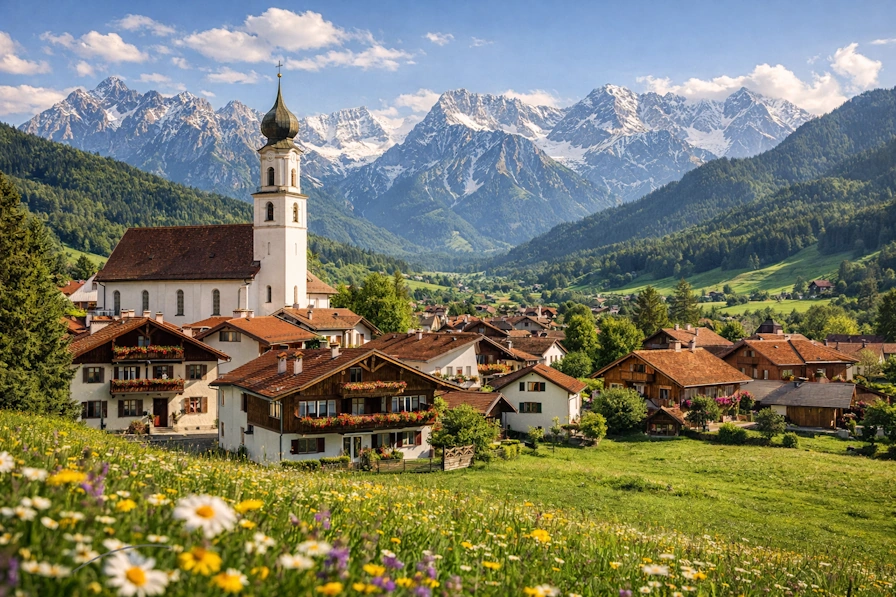 Traditional Bavarian village with church spire and Alpine mountain backdrop