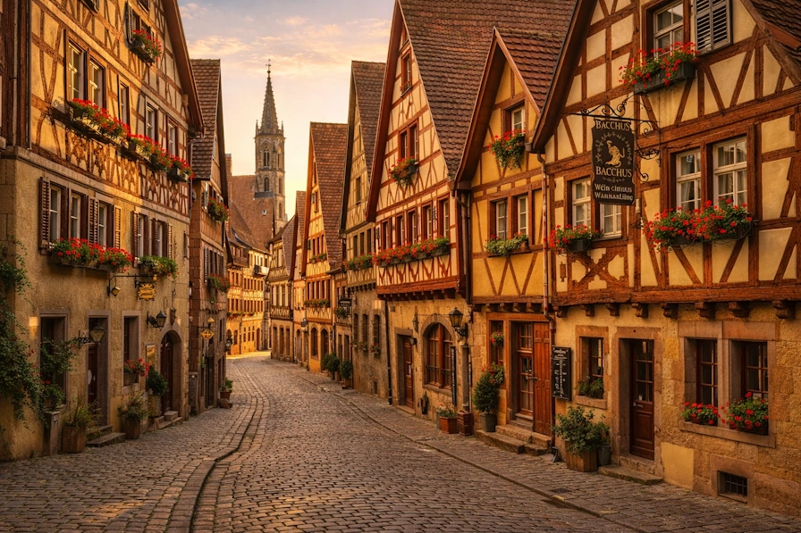 Medieval half-timbered houses lining cobblestone streets in historic German town