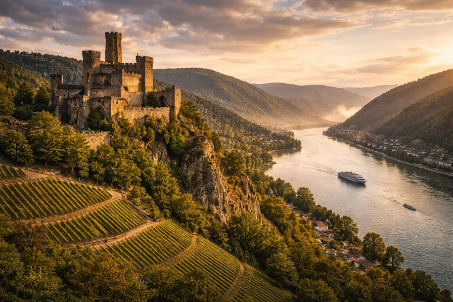 Medieval castle perched on cliff overlooking Rhine River with vineyard terraces