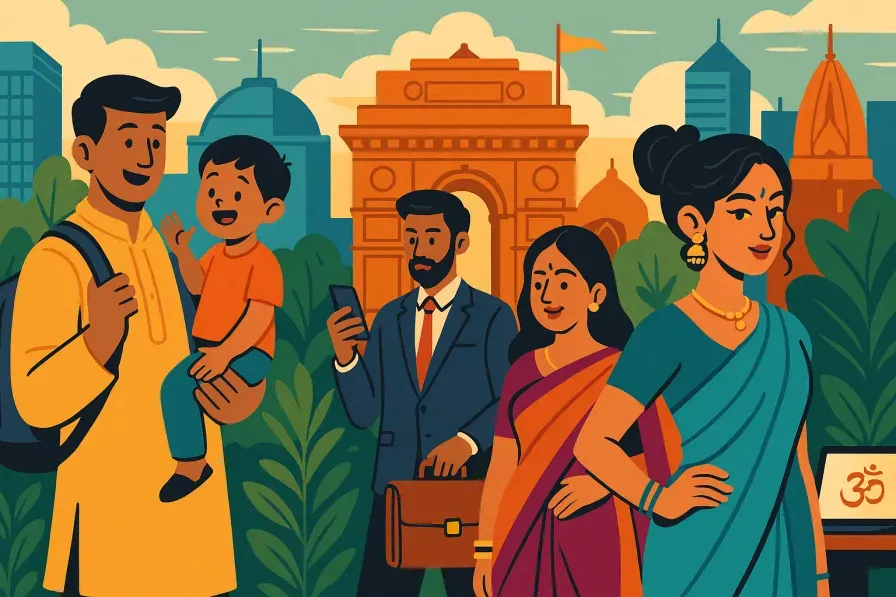 Modern Indian families in contemporary settings while maintaining cultural traditions, showing the evolution of naming practices