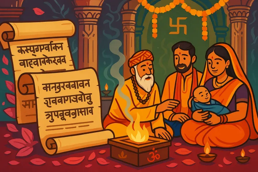 Ancient Sanskrit manuscripts and Hindu naming ceremonies in traditional temple settings with priests, families, and sacred rituals