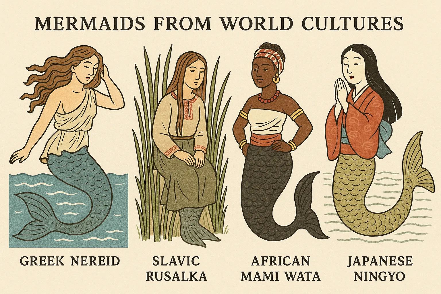 Diverse mermaids from world mythology: Greek Nereid, Slavic rusalka, African Mami Wata, and Japanese ningyo