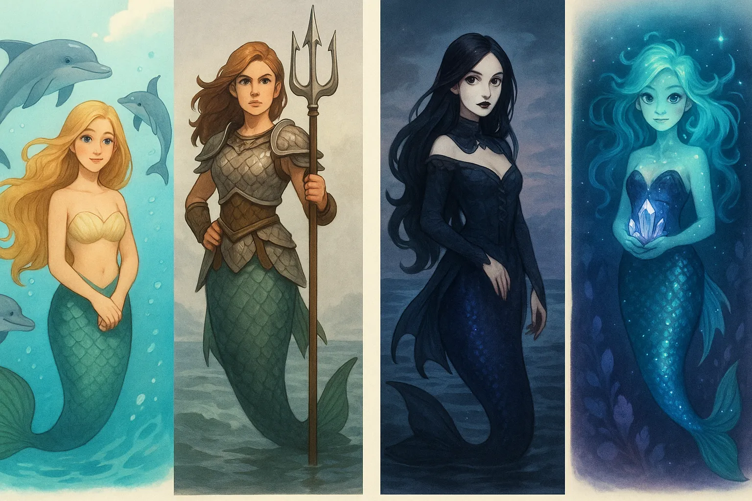Four different mermaid character types: classical benevolent, fierce warrior, dark mysterious, and fantasy magical merfolk