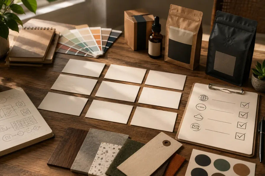 Brand workshop table with blank cards, color palettes, packaging mockups, and a domain checklist