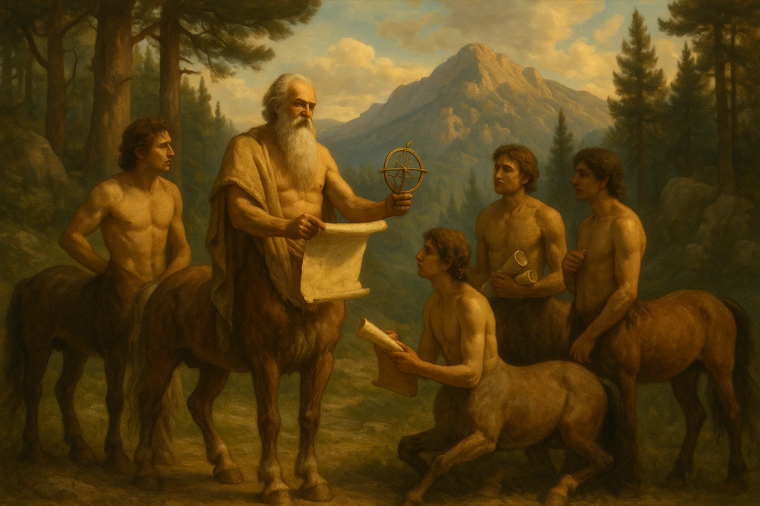 Ancient Greek centaur sage teaching young centaurs in a mountain forest, illustrating the duality of wisdom and wild nature in centaur mythology