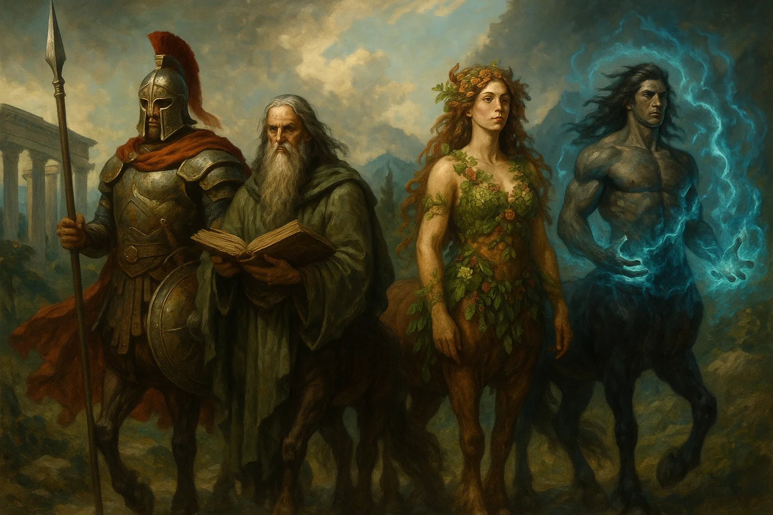 Diverse group of centaurs showing different types including warriors, sages, nature guardians, and elemental centaurs in an epic fantasy setting